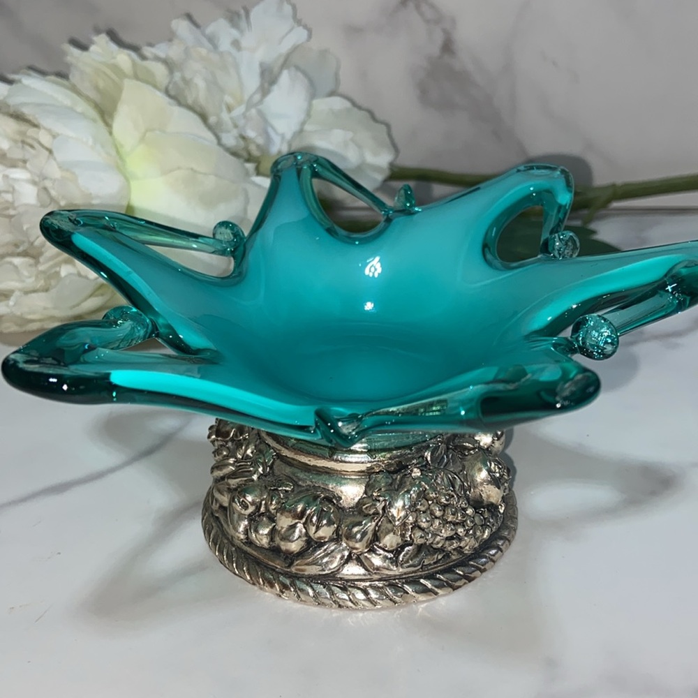 Small Murano Footed Glass Bowl Dish Glass Trinket Tray With Silver Fruit Stand - Picture 6 of 17